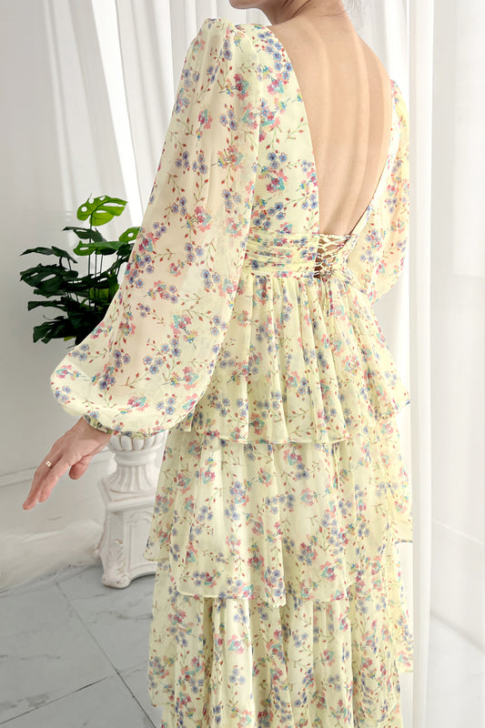 Long Puff Sleeves Tiered Chiffon Floral Midi Dress
