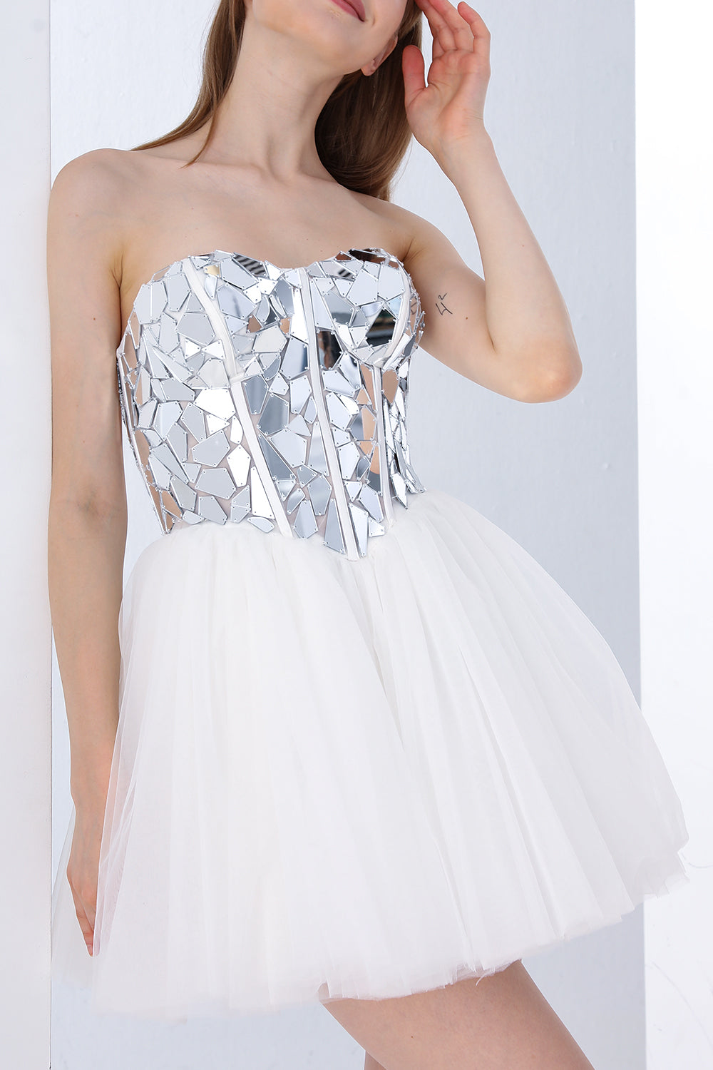 Strapless Cut Glass Mirror Embellishment Mini Dress with Lace Up Back