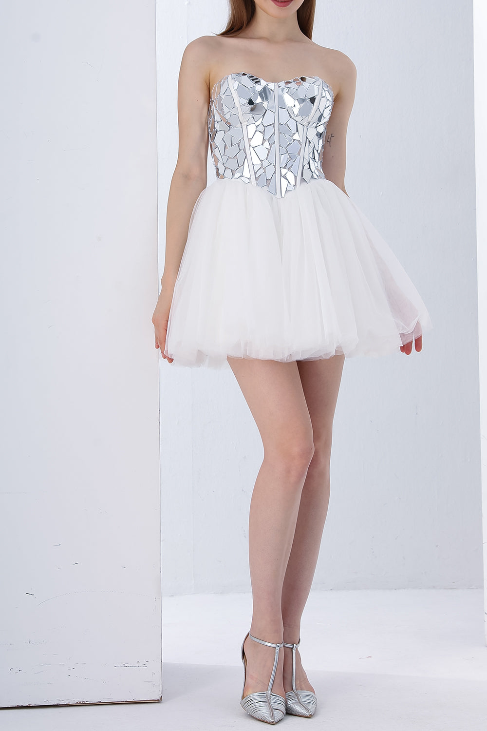 Strapless Cut Glass Mirror Embellishment Mini Dress with Lace Up Back