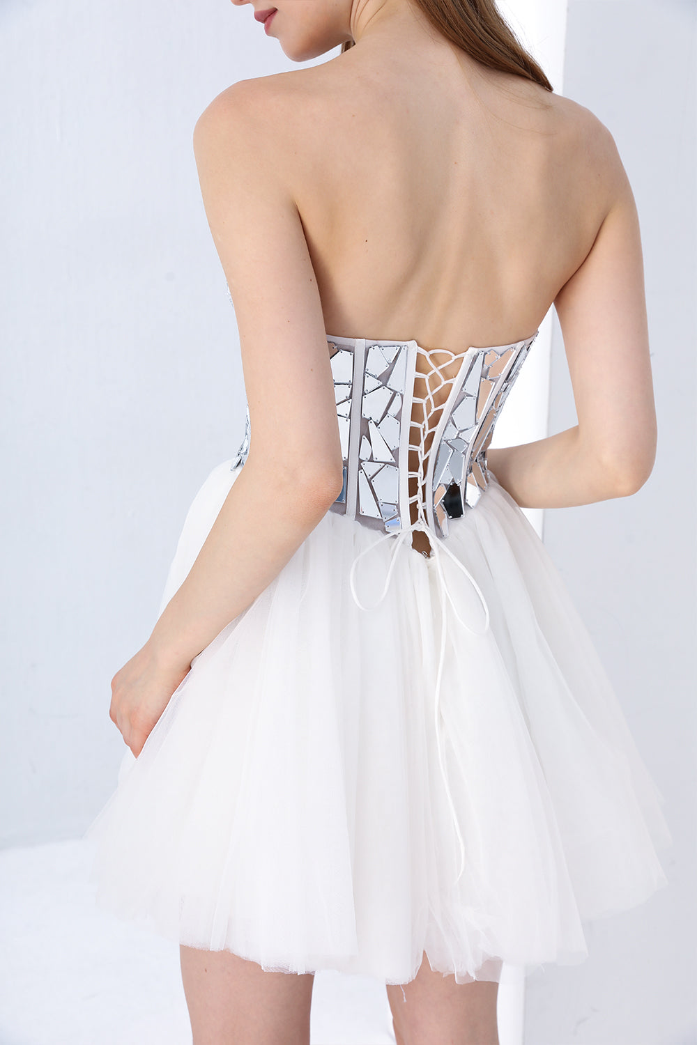 MissJophiel Strapless Cut Glass Mirror Embellishment Mini Dress with Lace Up Back Ivory / Tea Length / US6 MissJophiel Strapless Cut Glass Mirror Embellishment Mini Dress with Lace Up Back Ivory / Tea Length / US6