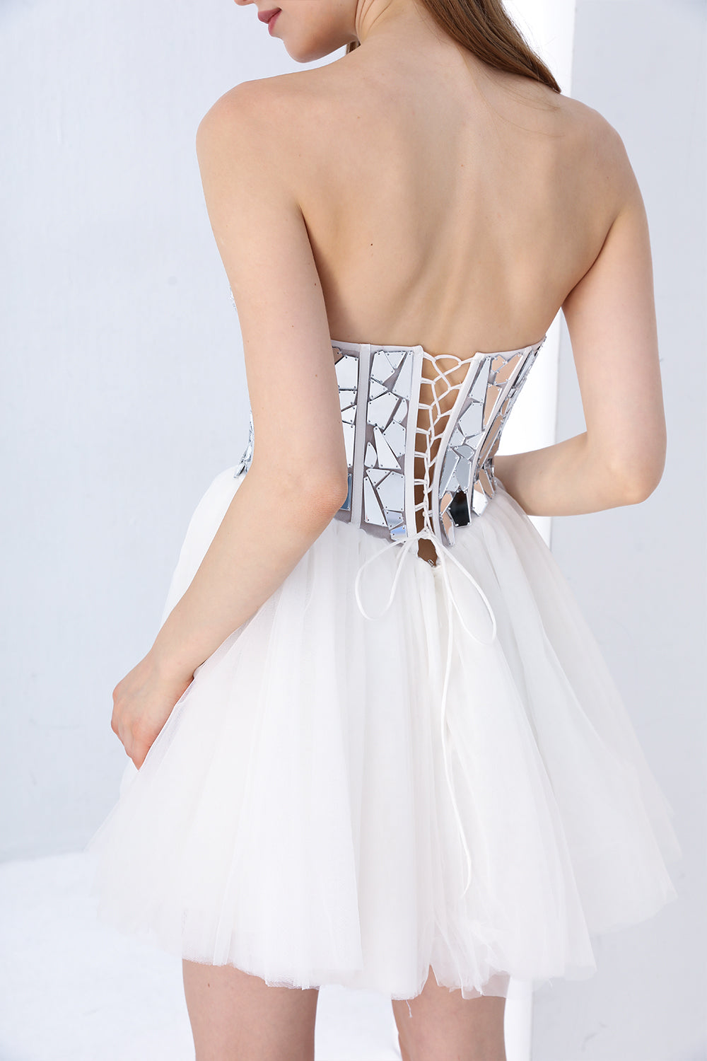 Strapless Cut Glass Mirror Embellishment Mini Dress with Lace Up Back