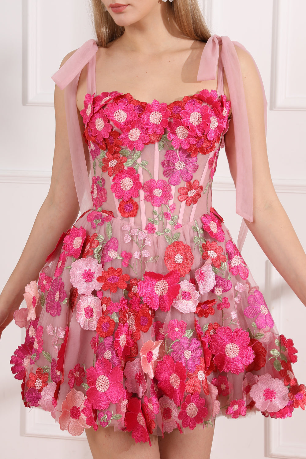 Corset Floral Embroidery Fuchsia/Pink Dress with Tie Straps