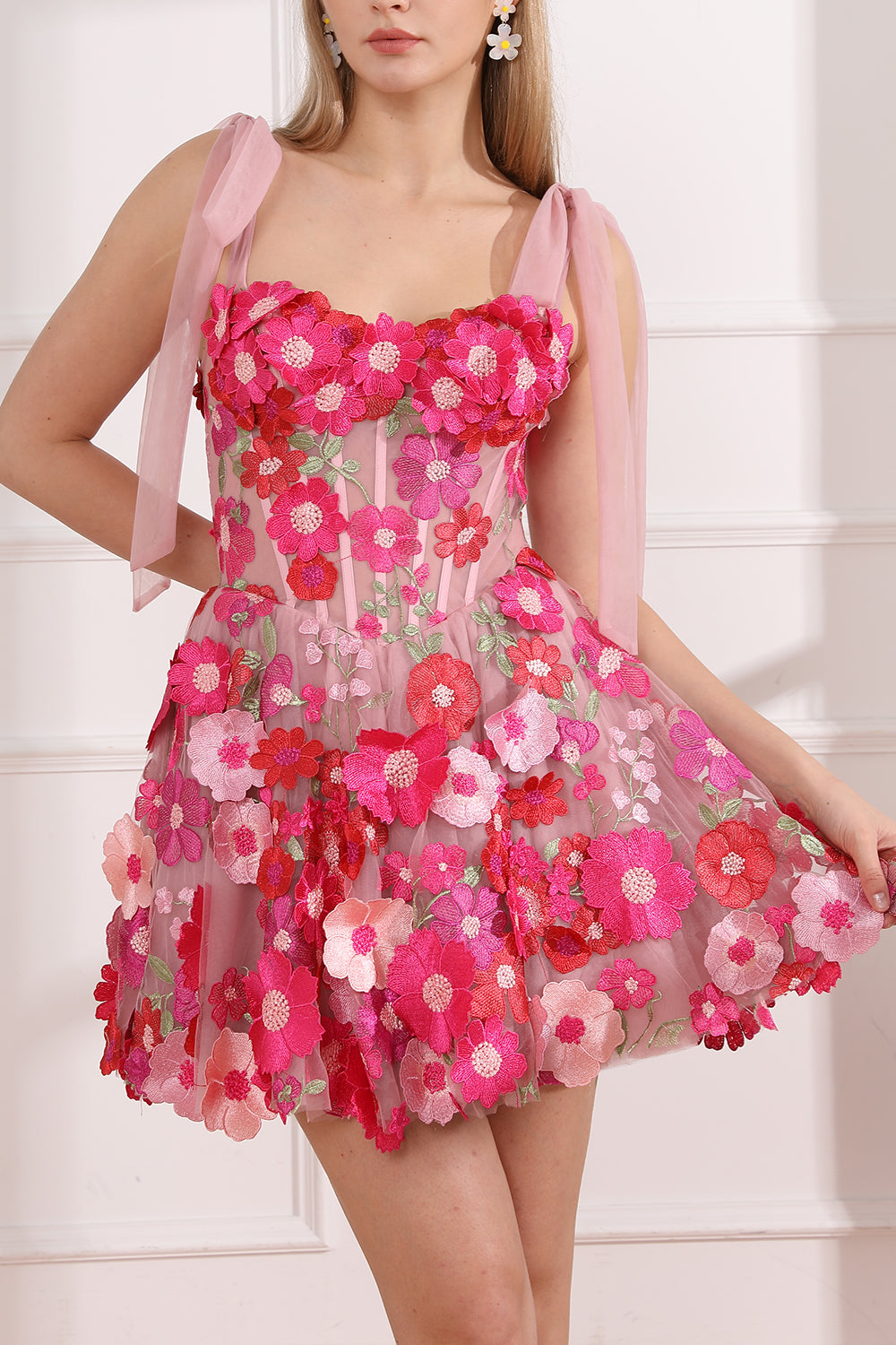 Corset Floral Embroidery Fuchsia/Pink Dress with Tie Straps
