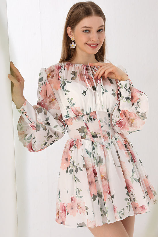 MissJophiel Puff Long Sleeves Floral Print Chiffon Mini Dress