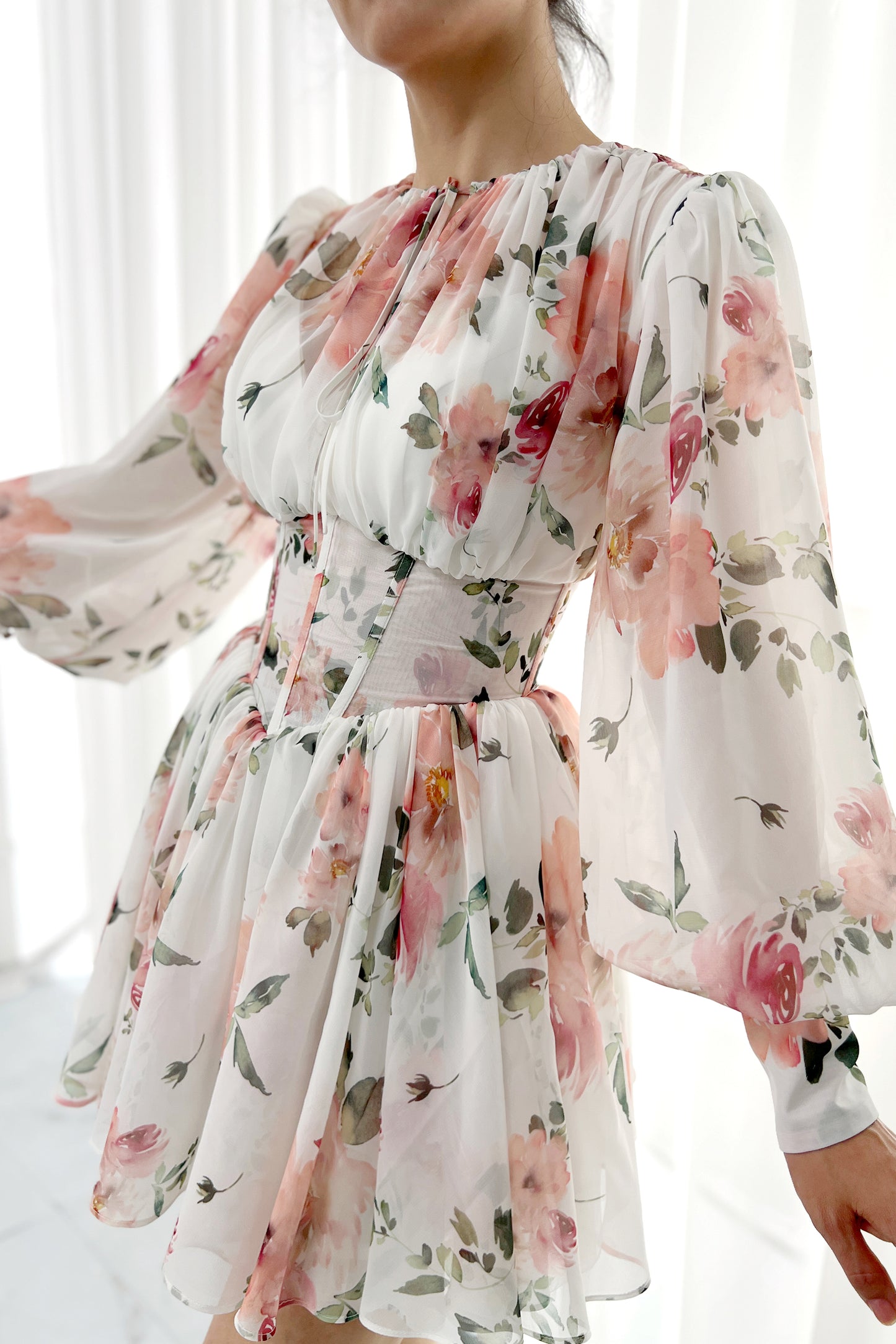 Puff Long Sleeves Floral Print Chiffon Mini Dress