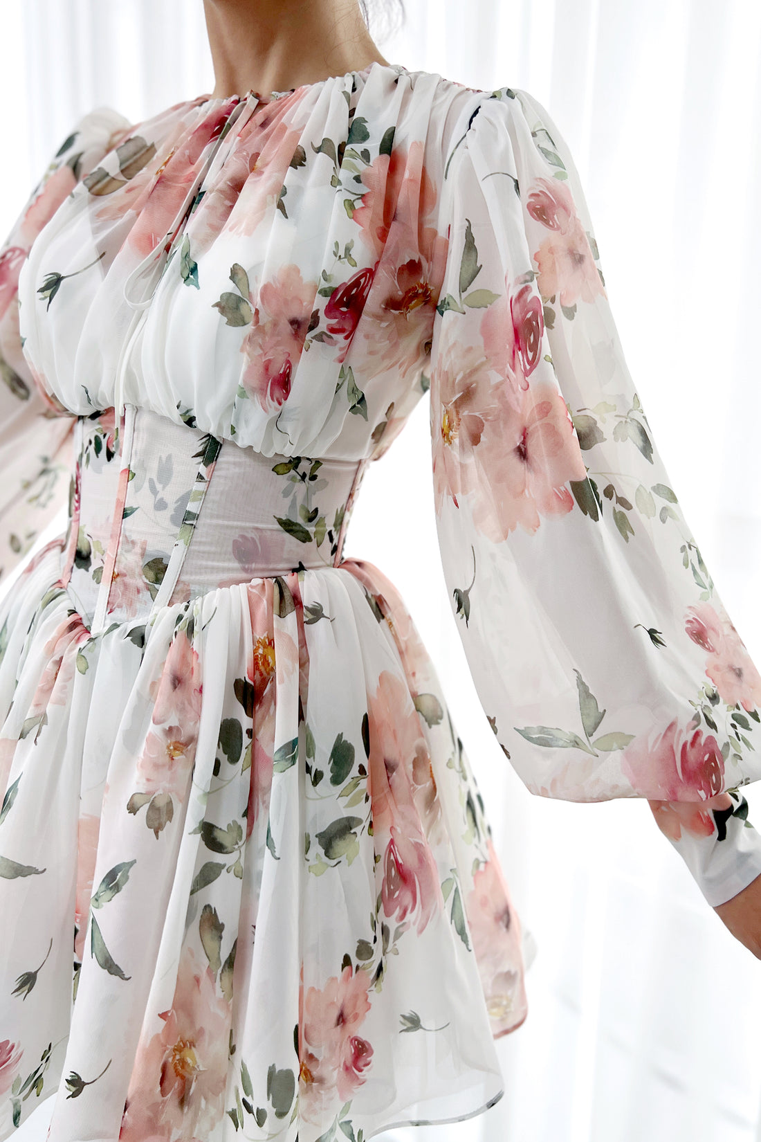 MissJophiel Puff Long Sleeves Floral Print Chiffon Mini Dress