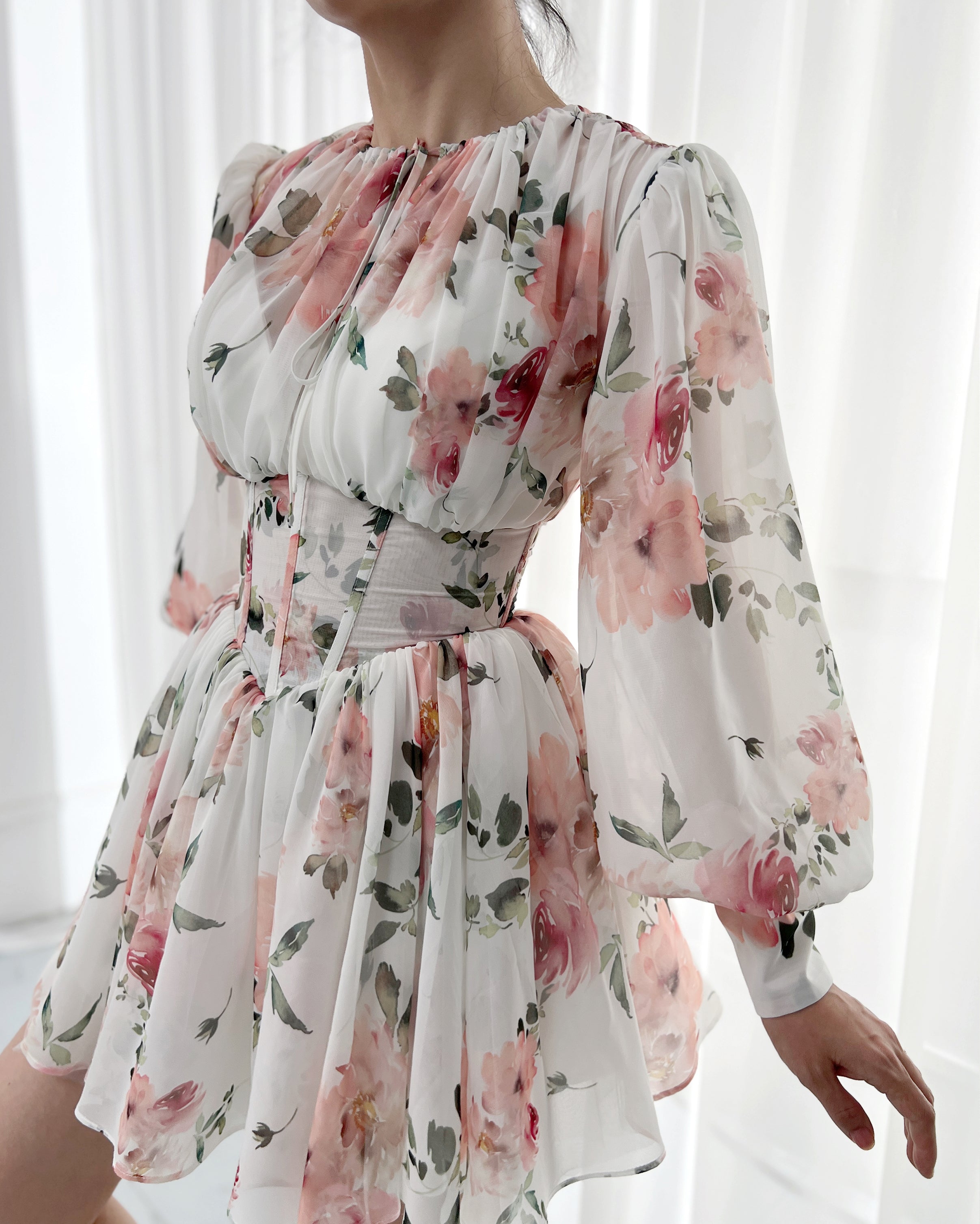MissJophiel Puff Long Sleeves Floral Print Chiffon Mini Dress