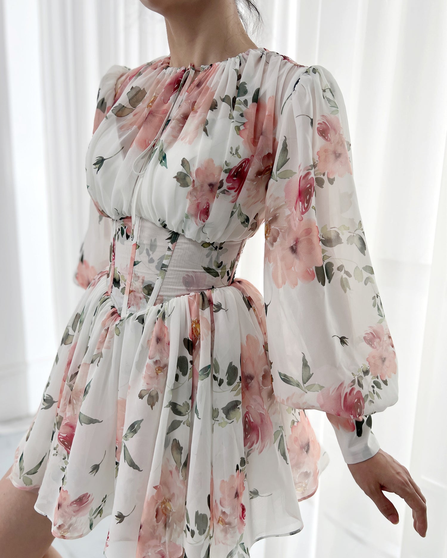 MissJophiel Puff Long Sleeves Floral Print Chiffon Mini Dress
