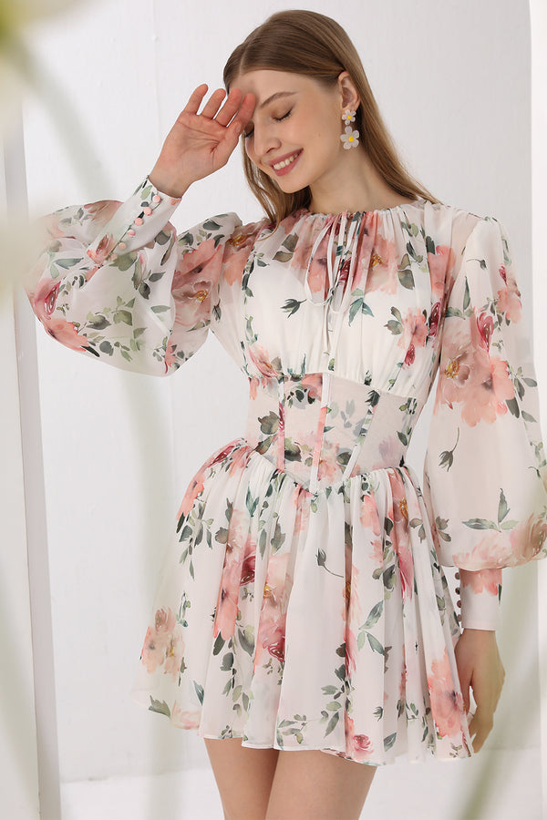 MissJophiel Puff Long Sleeves Floral Print Chiffon Mini Dress