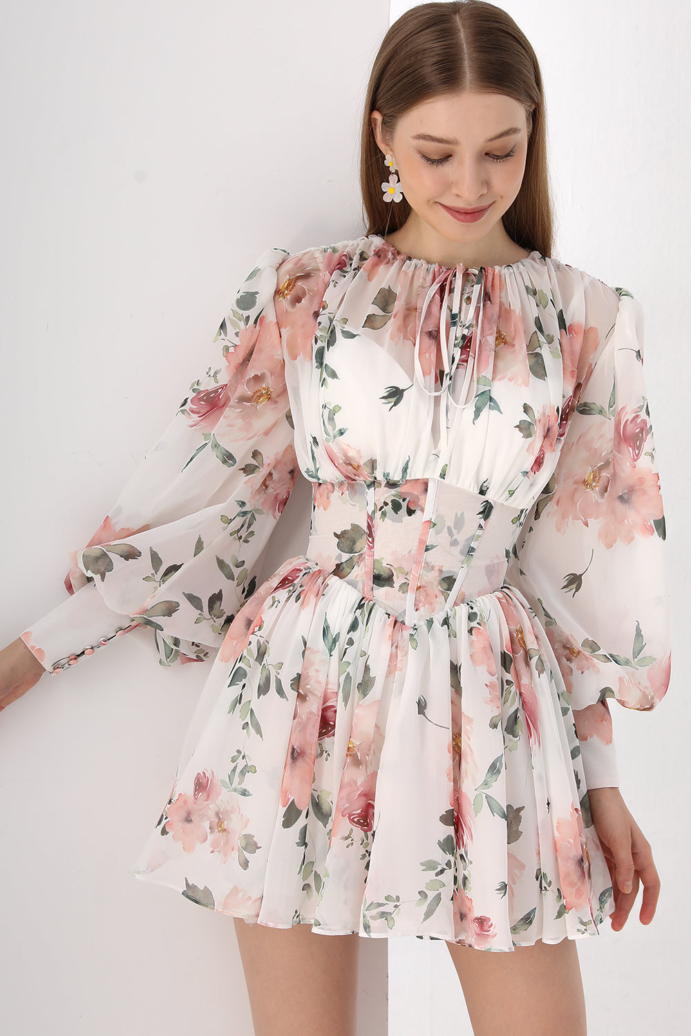 chiffon mini dress long sleeve Goldie | PINK Floral Print Chiffon Long-Sleeve Wrap Mini Dress
