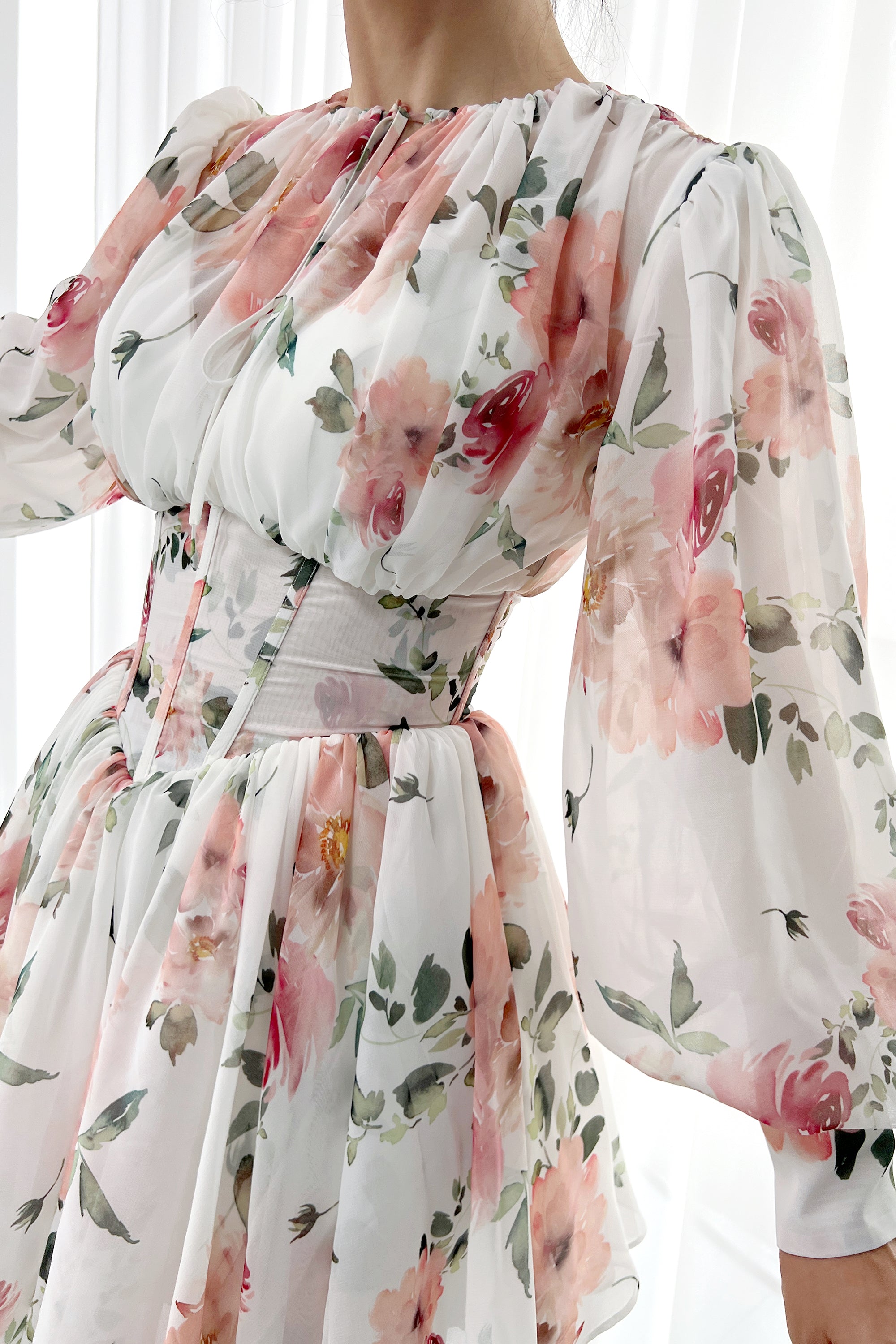 MissJophiel Puff Long Sleeves Floral Print Chiffon Mini Dress