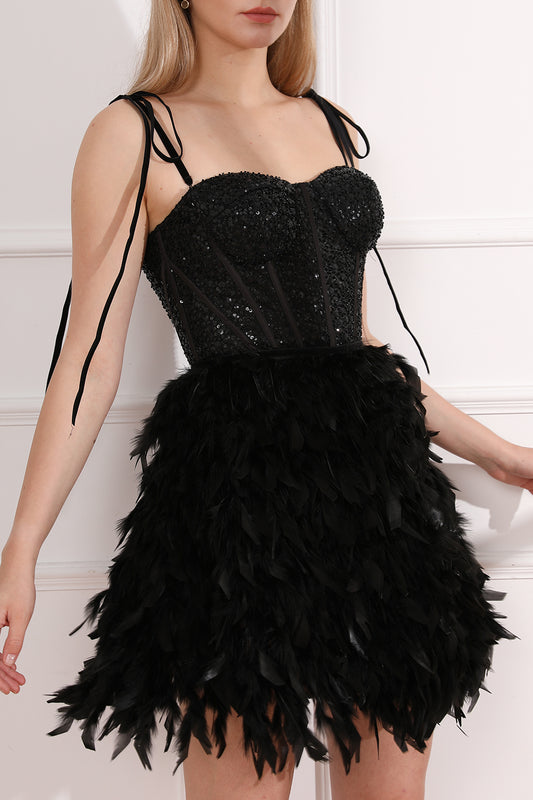 Beaded Corset Artificial Feather Black Dress with Tie Straps