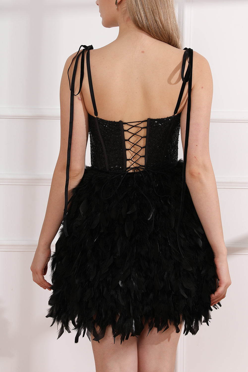 MissJophiel Beaded Corset Artificial Feather Black Dress with Tie Straps