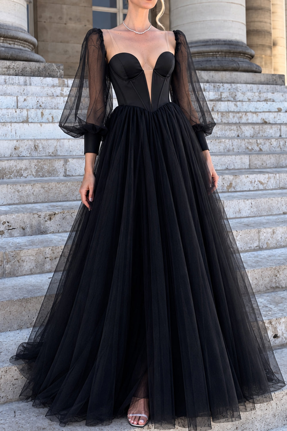 Puff Long Sleeves Deep V Neck Corset Black Dress