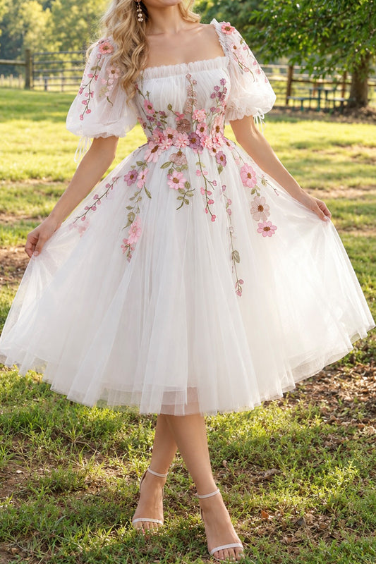 Puff Sleeves Applique Pink Ivory Midi Wedding Dress