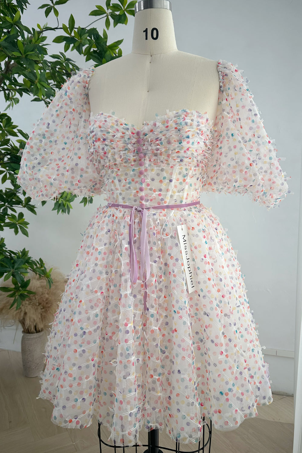 Retro Colorful Polka Dots Dress with Removable Puff Sleeves, Tie Straps