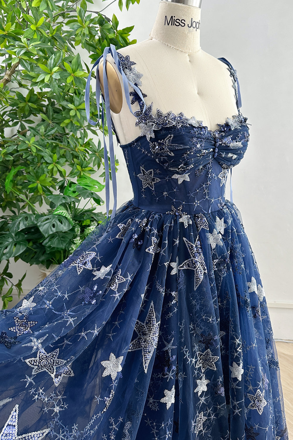 MissJophiel Corset Top Star Sequin Dress with Tie Straps Dark Navy / Tea Length / US6