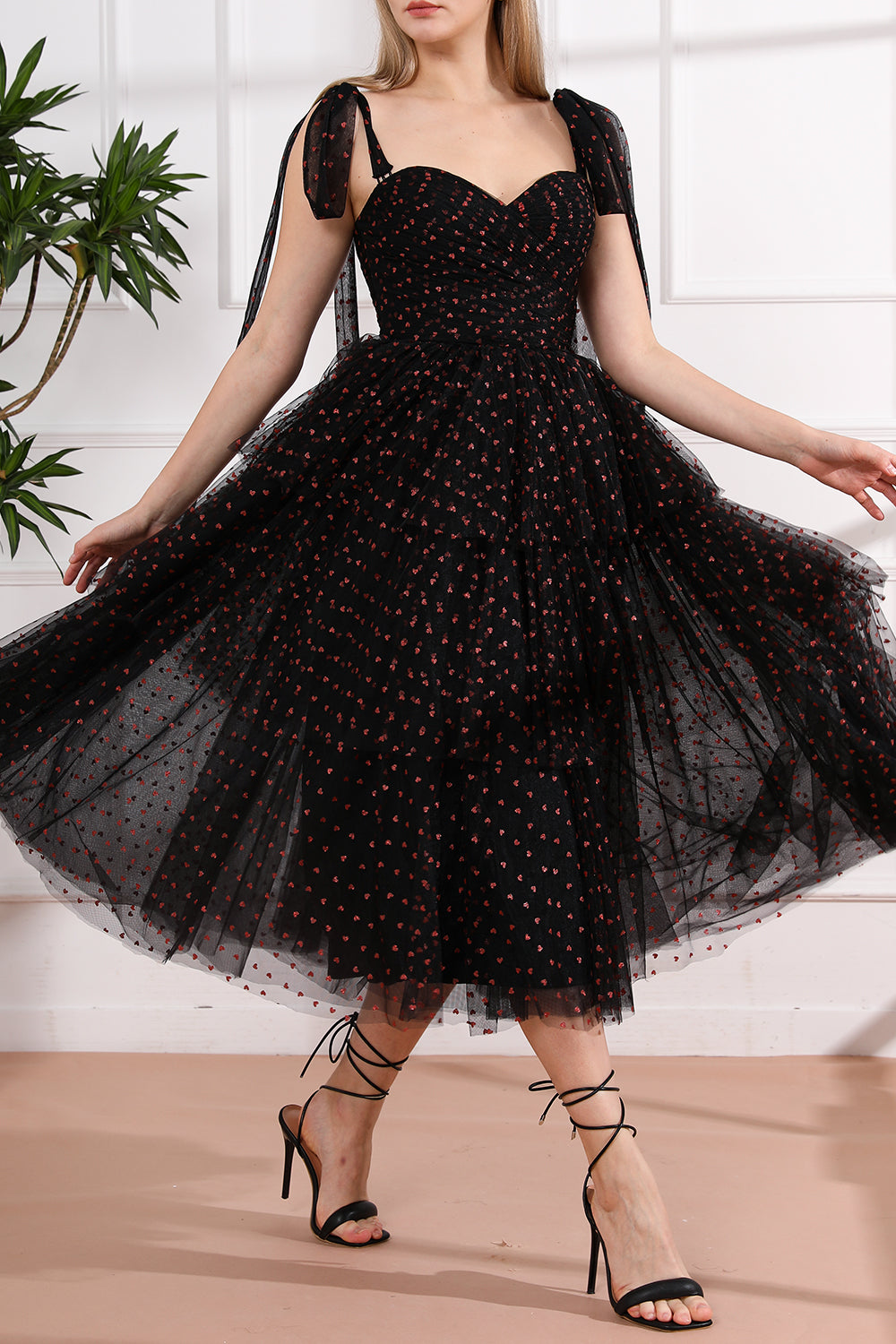 tulle-proof black tulle beaded tie-shoulder tiered mini dress Black Tulle Dress - Tie-Shoulder Mini Dress - Tiered Mini Dress