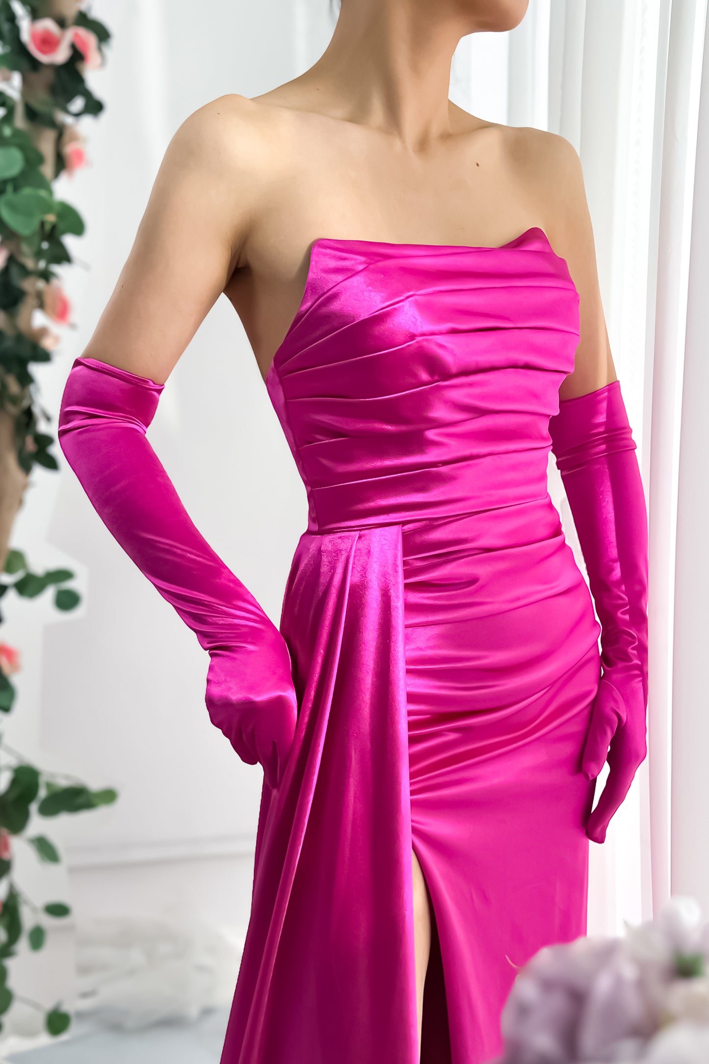 Mermaid Strapless Jersey Pink Dress with Gloves