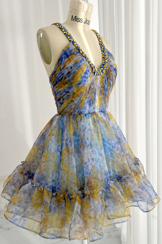 Halter with Crystrals Print Organza Mini Dress