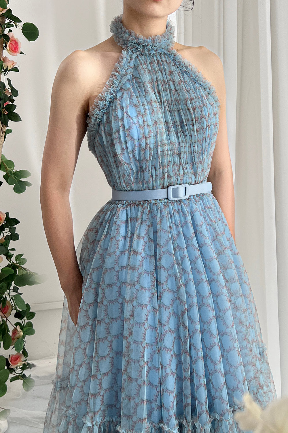 Elegant Blue Halter Neck Pleated Tulle Dress with Custom Length and Belt Blue Print / Tea Length / US2