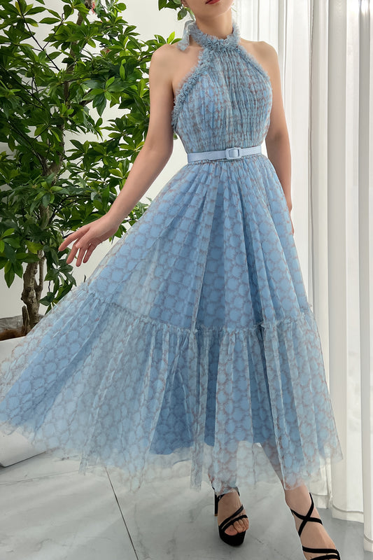 Halter Blue Print Tulle Midi Dress 2023104