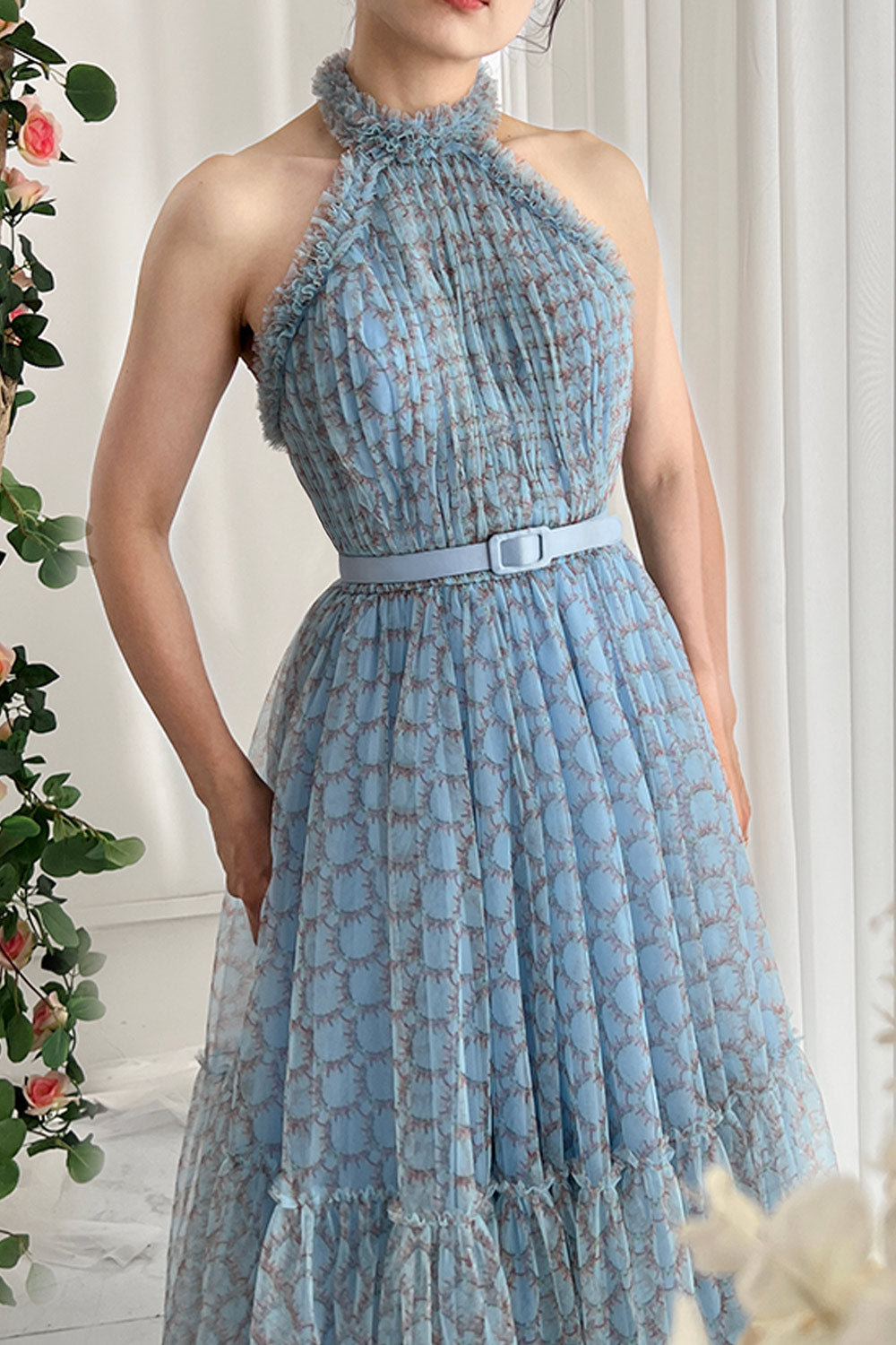 pleated halter midi dress Elegant Blue Neck Tulle with Custom Length and Belt Blue Print / Tea Length / US2 bh25 for creating a relaxed Black Graduation Outfit Ideas Size:Custom size (+500 | Pre-order)