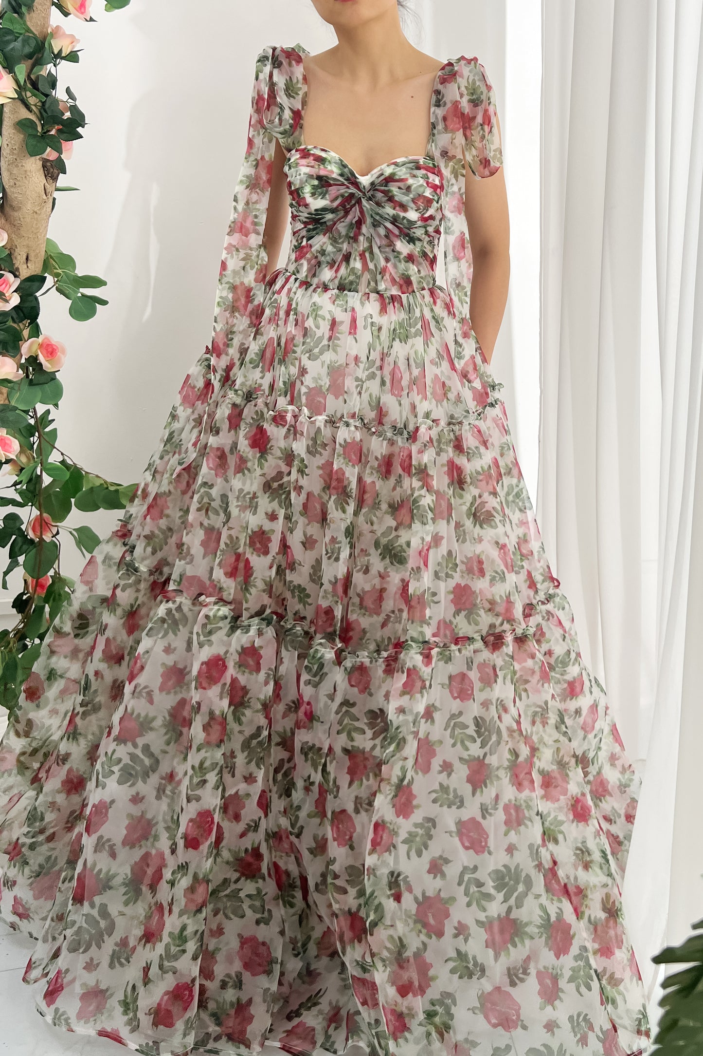 Strapless Rose Print Organza Dress with Removable Tie Straps