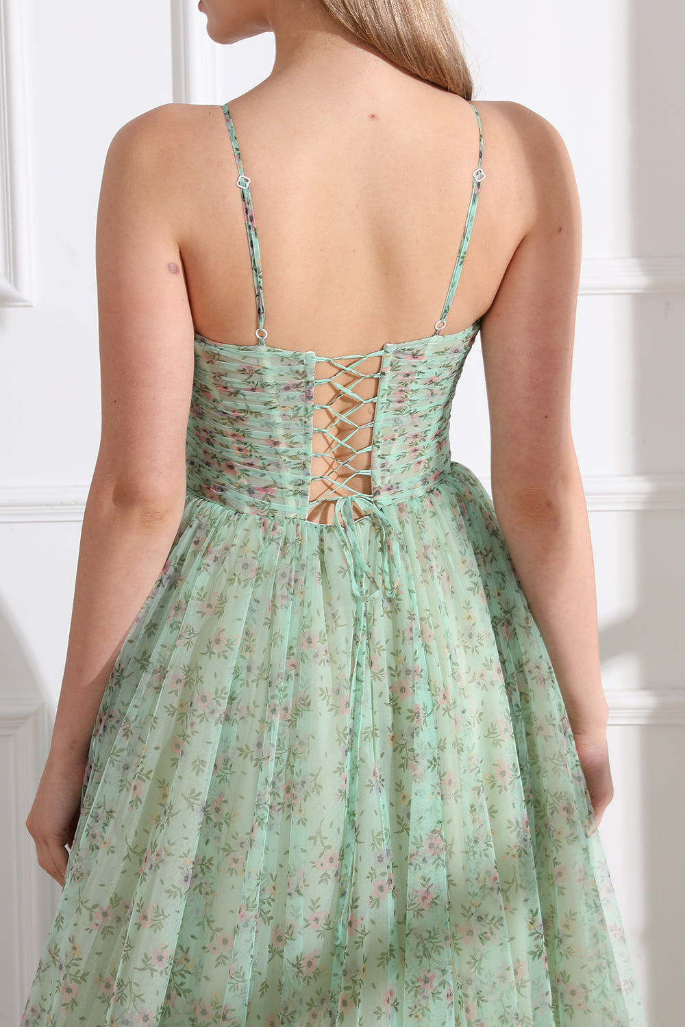 Cut Out Corset Floral Print Tulle Tiered Prom Dress