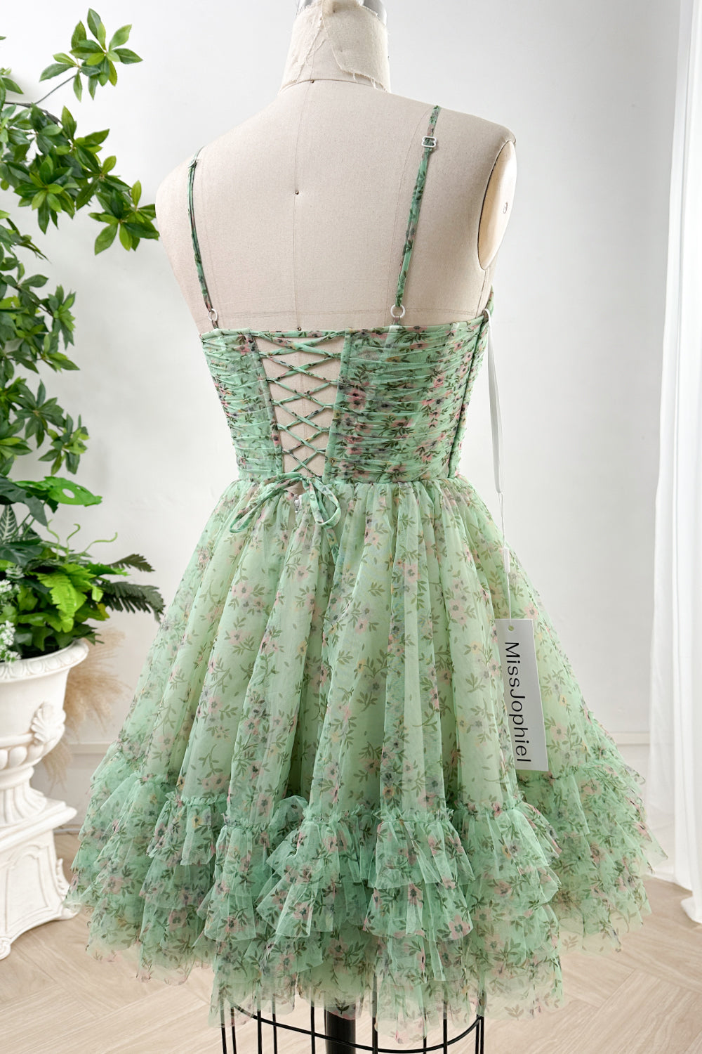 Cut Out Corset Floral Print Tulle Tiered Prom Dress