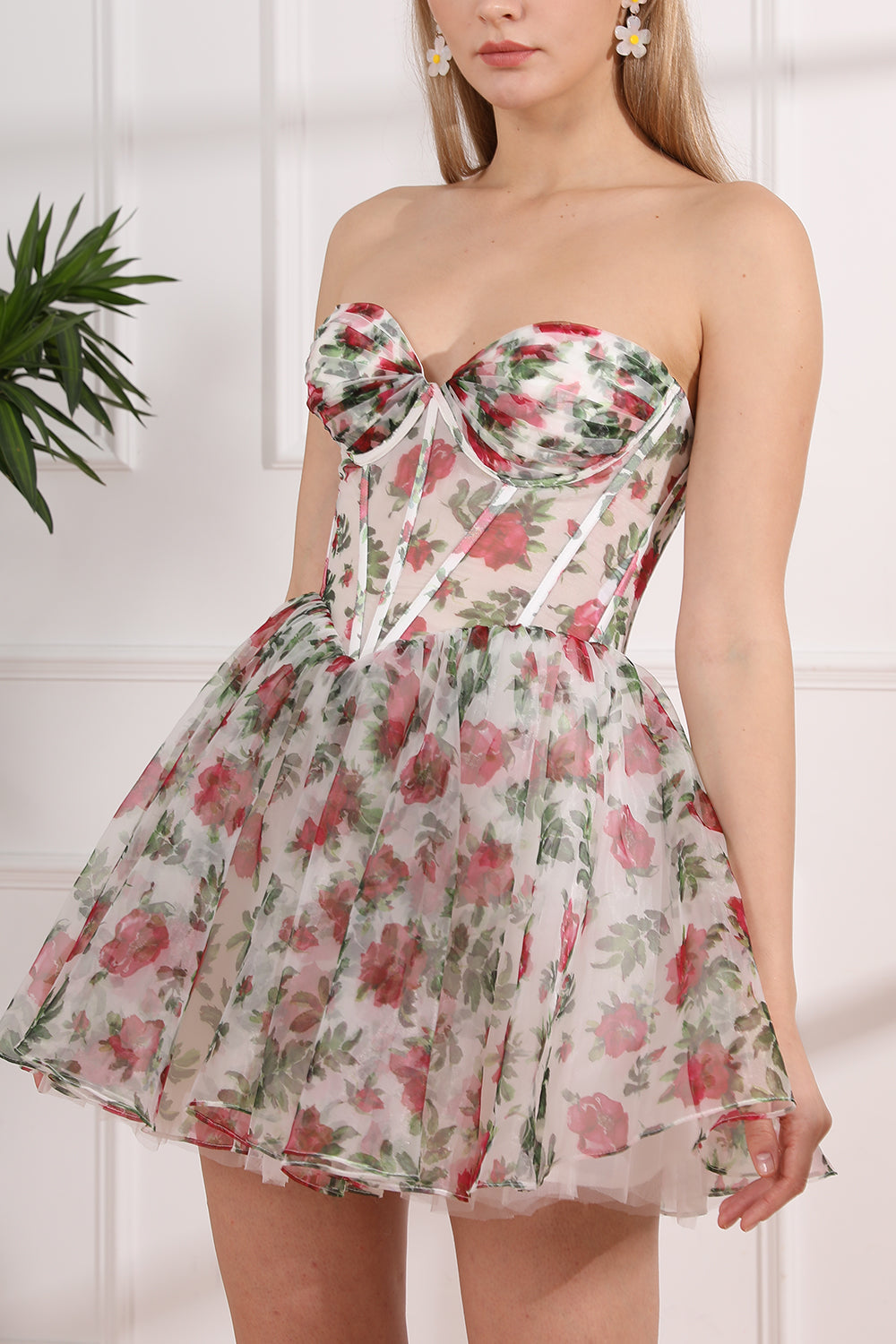 MissJophiel Strapless Rose Print Organza Mini Corset Dress with Lace Up