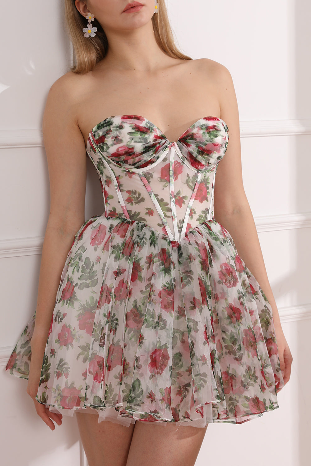 Strapless Rose Print Organza Mini Corset Dress with Lace Up Back