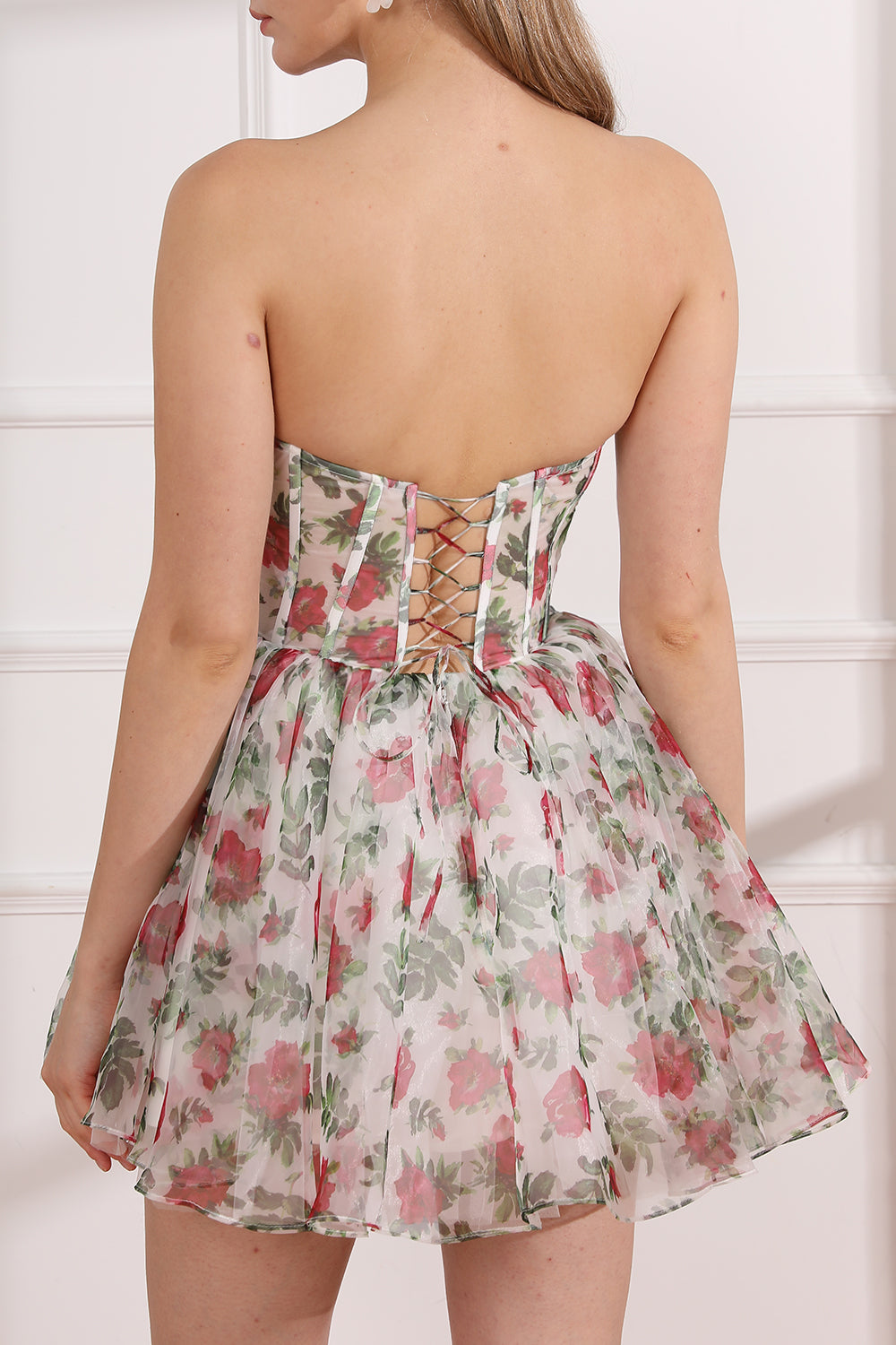 Strapless Rose Print Organza Mini Corset Dress with Lace Up Back