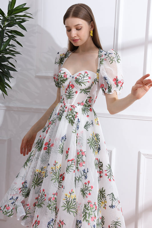 Puff Short Sleeves Corset Embroidery Midi Dress