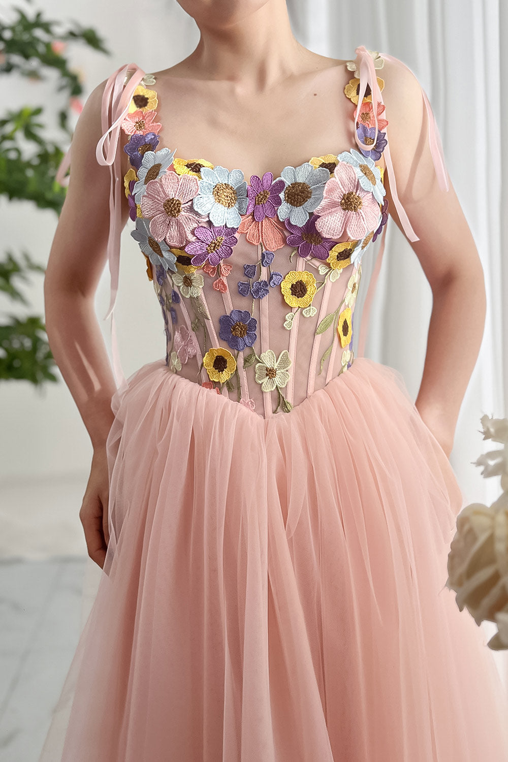 pink dress with floral embroidery Floral Embroidered Gown with Sheer Corset Bodice 43172