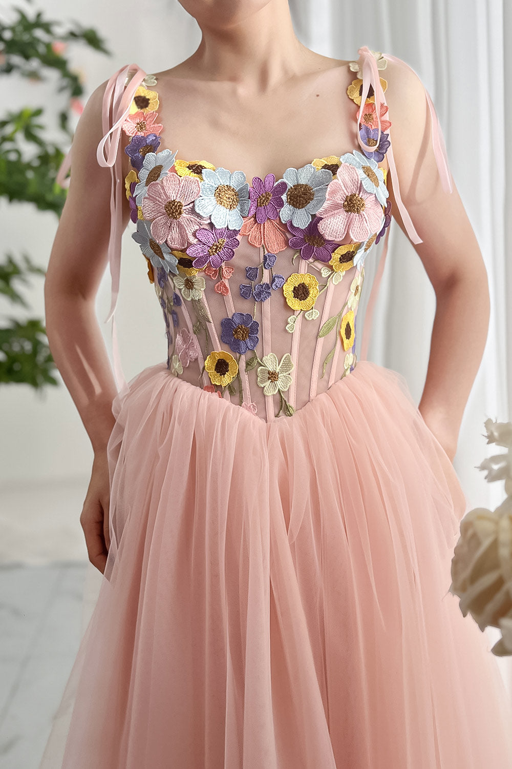 Corset Floral Embroidery Blush Pink Dress with Tie Straps