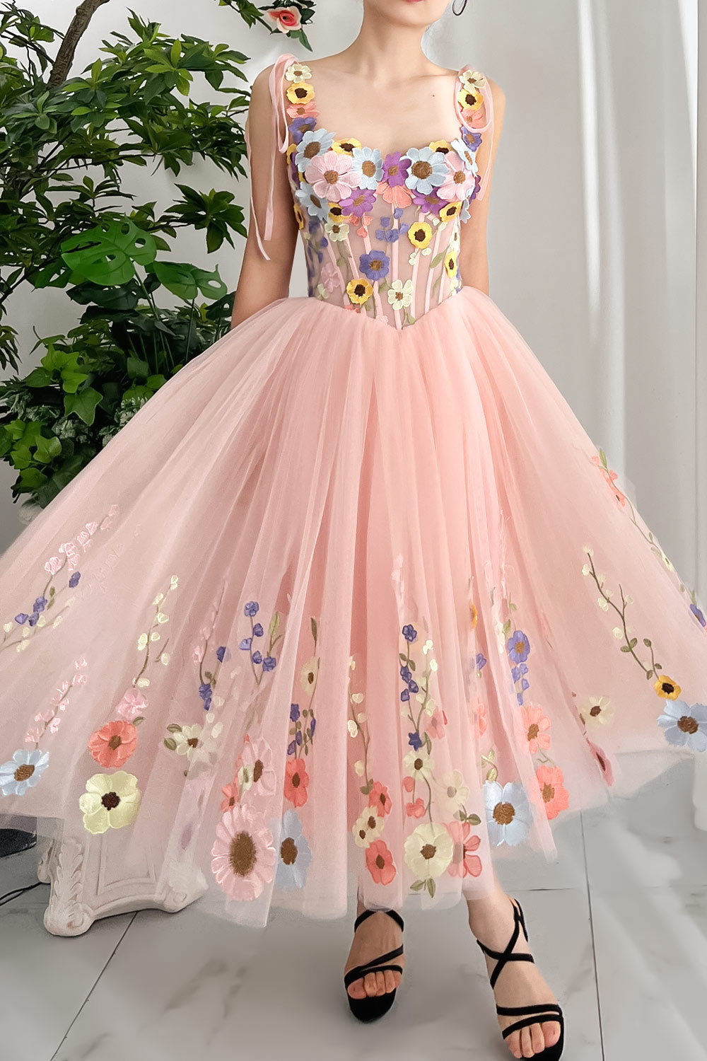 MissJophiel Corset Floral Embroidery Blush Pink Dress with Tie Straps