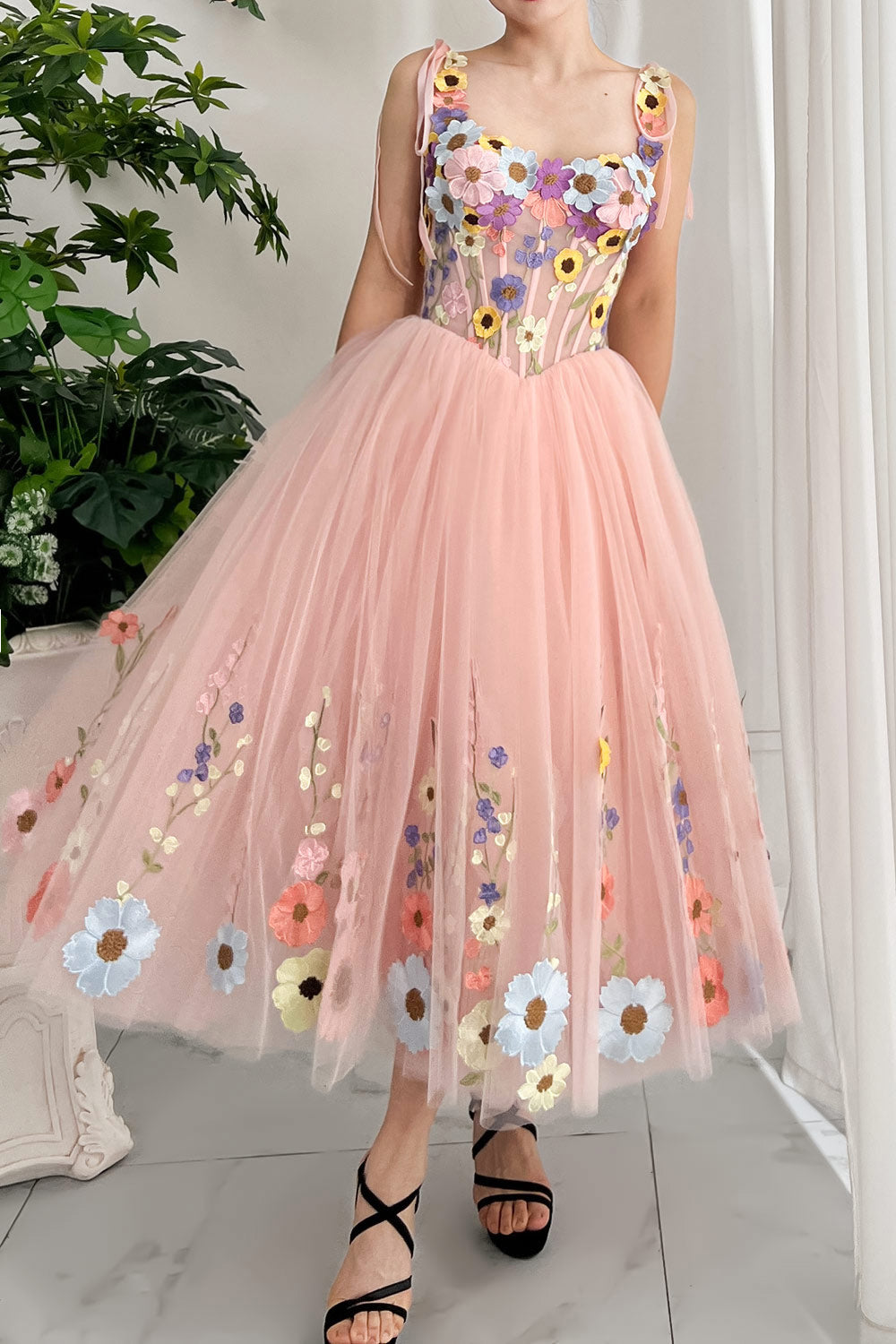 pink dress tie straps Sweet Disposition Pink Floral Jacquard Tie Strap Midi Dress