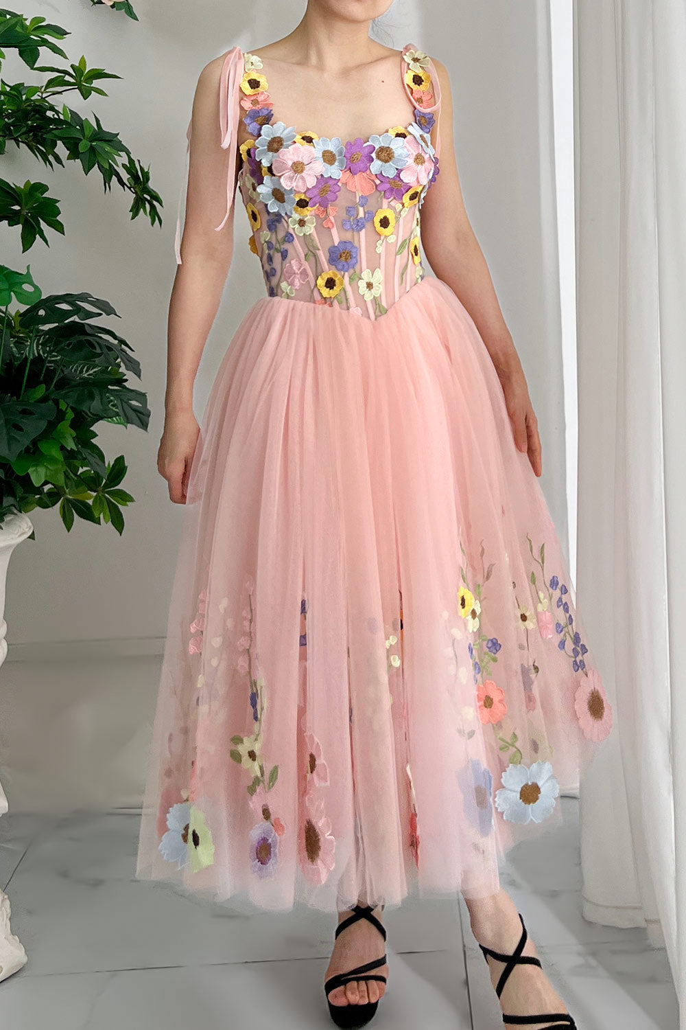 MissJophiel Corset Floral Embroidery Blush Pink Dress with Tie Straps Yellow Floral / Tea Length / US4 MissJophiel Corset Floral Embroidery Blush Pink Dress with Tie Straps Yellow Floral / Tea Length / US4