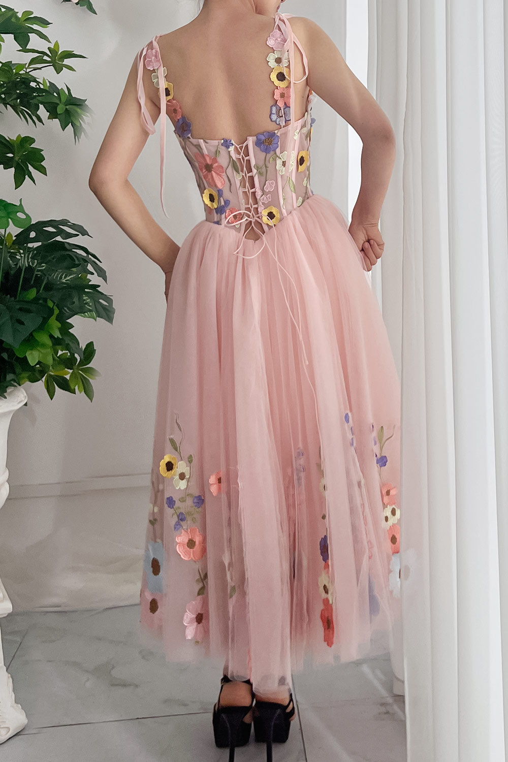 MissJophiel Corset Floral Embroidery Blush Pink Dress with Tie Straps MissJophiel Corset Floral Embroidery Blush Pink Dress with Tie Straps