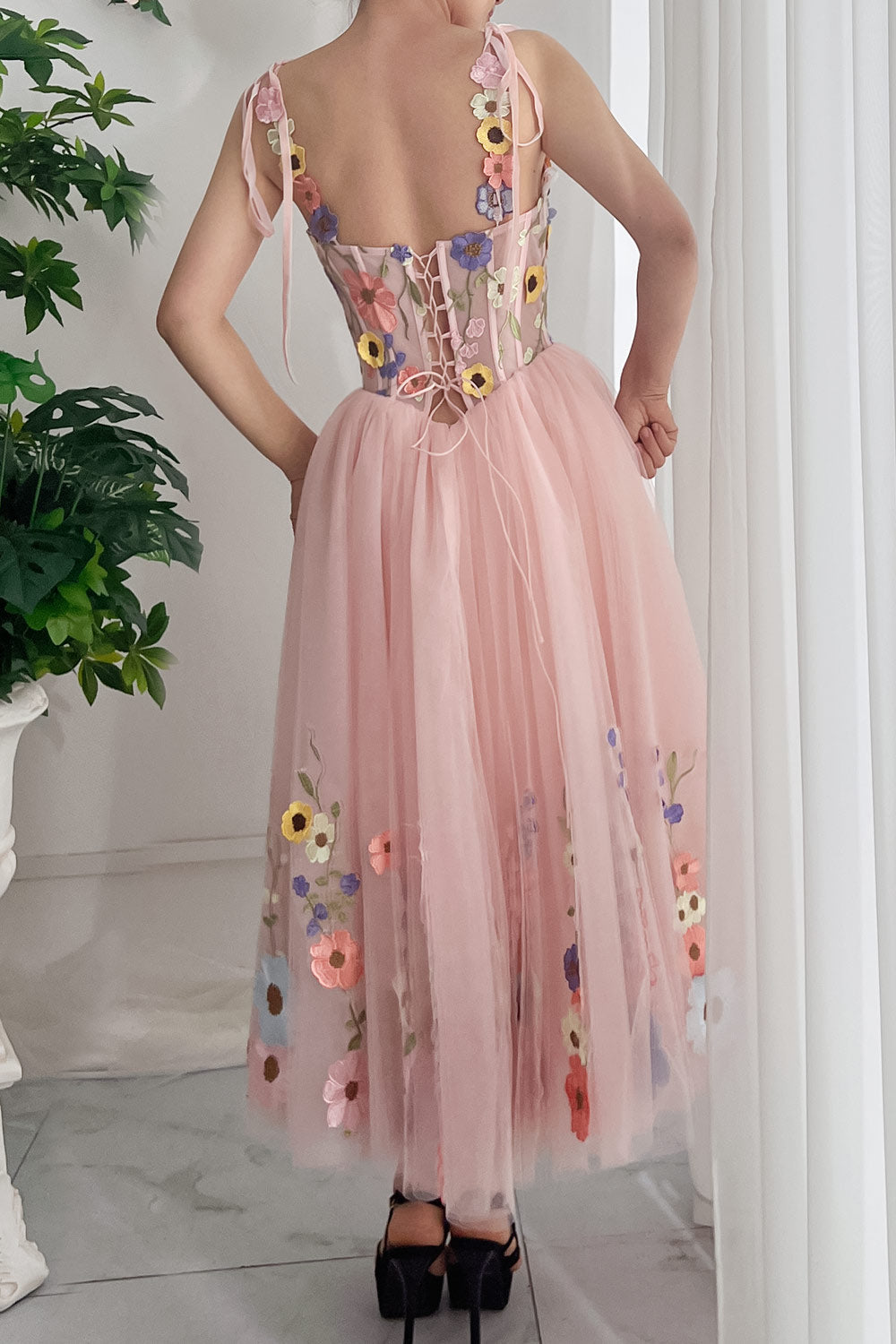 Corset Floral Embroidery Blush Pink Dress with Tie Straps