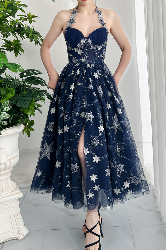 Korsett-Midikleid mit Paillettensternen und Schlitz