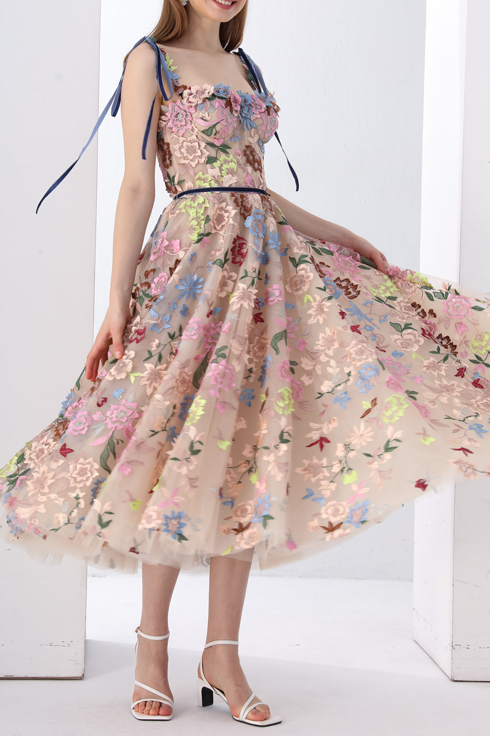 Corset Colorful Embroidery Dress with Tie Straps 2023122