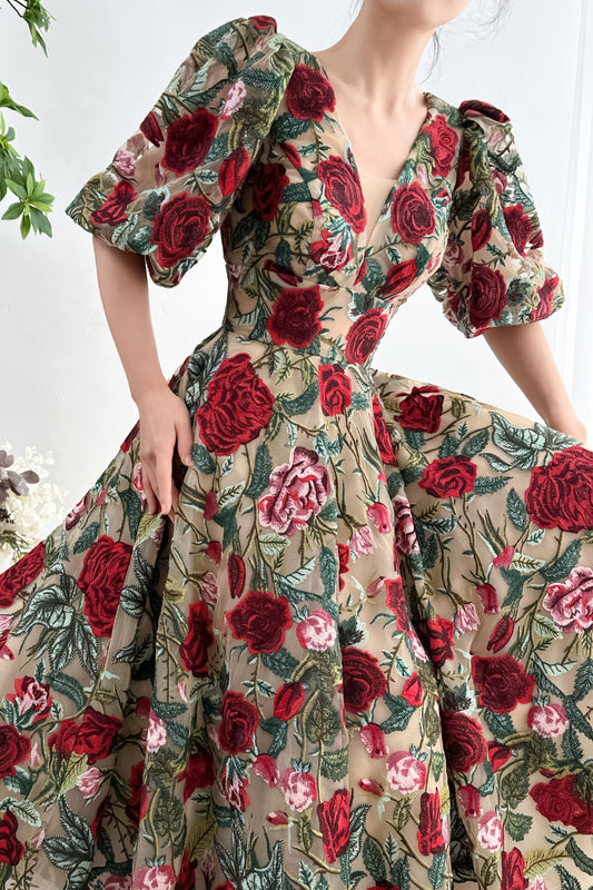 Puff Sleeves V Neck Rose Emboridery Midi Dress