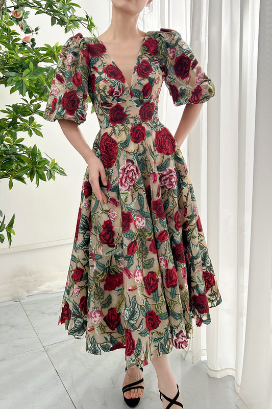 Puff Sleeves V Neck Rose Embroidery Midi Dress