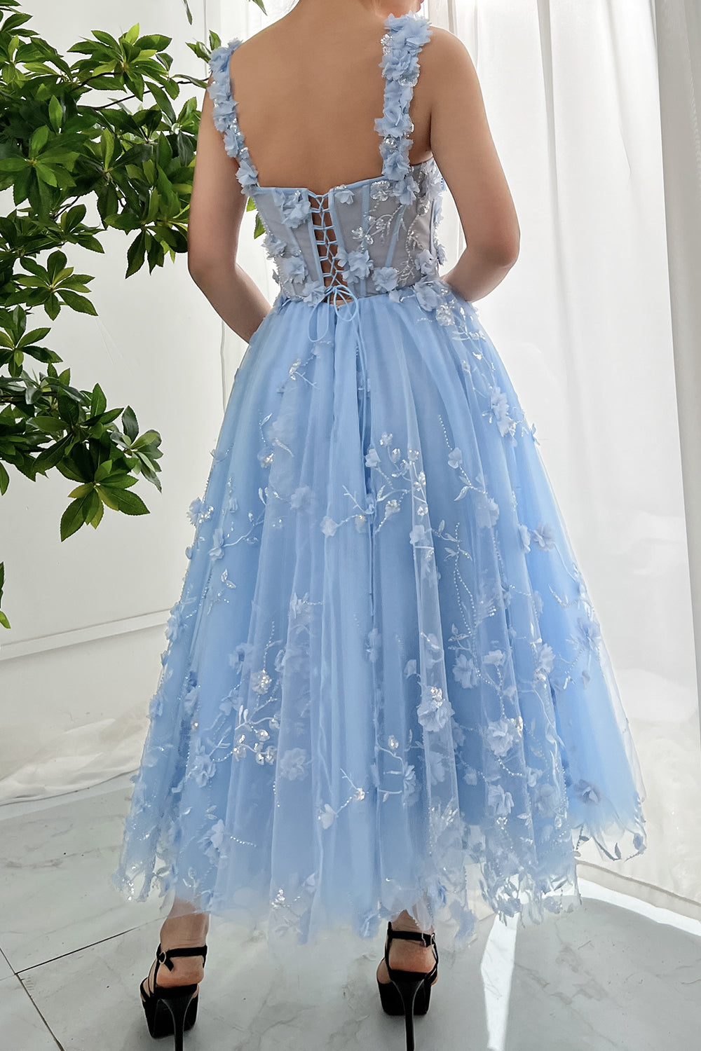 MissJophiel Corset 3D Floral Sky Blue Midi Dress Ivory / Tea Length / Custom Size/ Plus Size MissJophiel Corset 3D Floral Sky Blue Midi Dress Ivory / Tea Length / Custom Size/ Plus Size