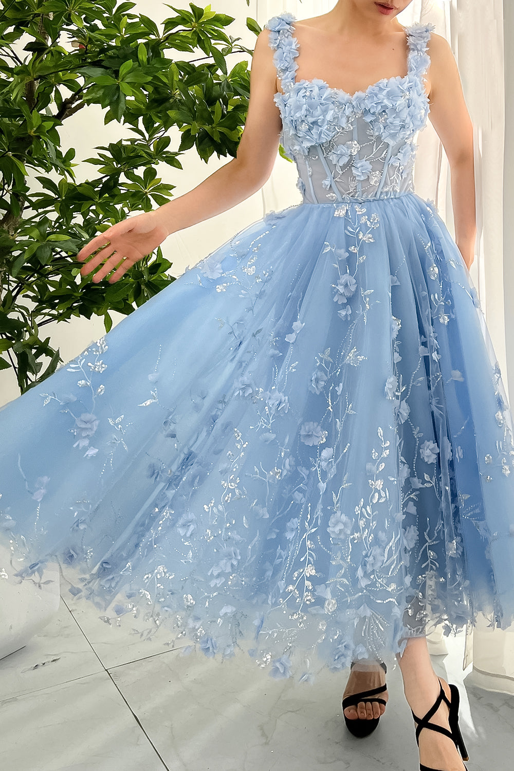 Corset 3D Floral Sky Blue Midi Dress