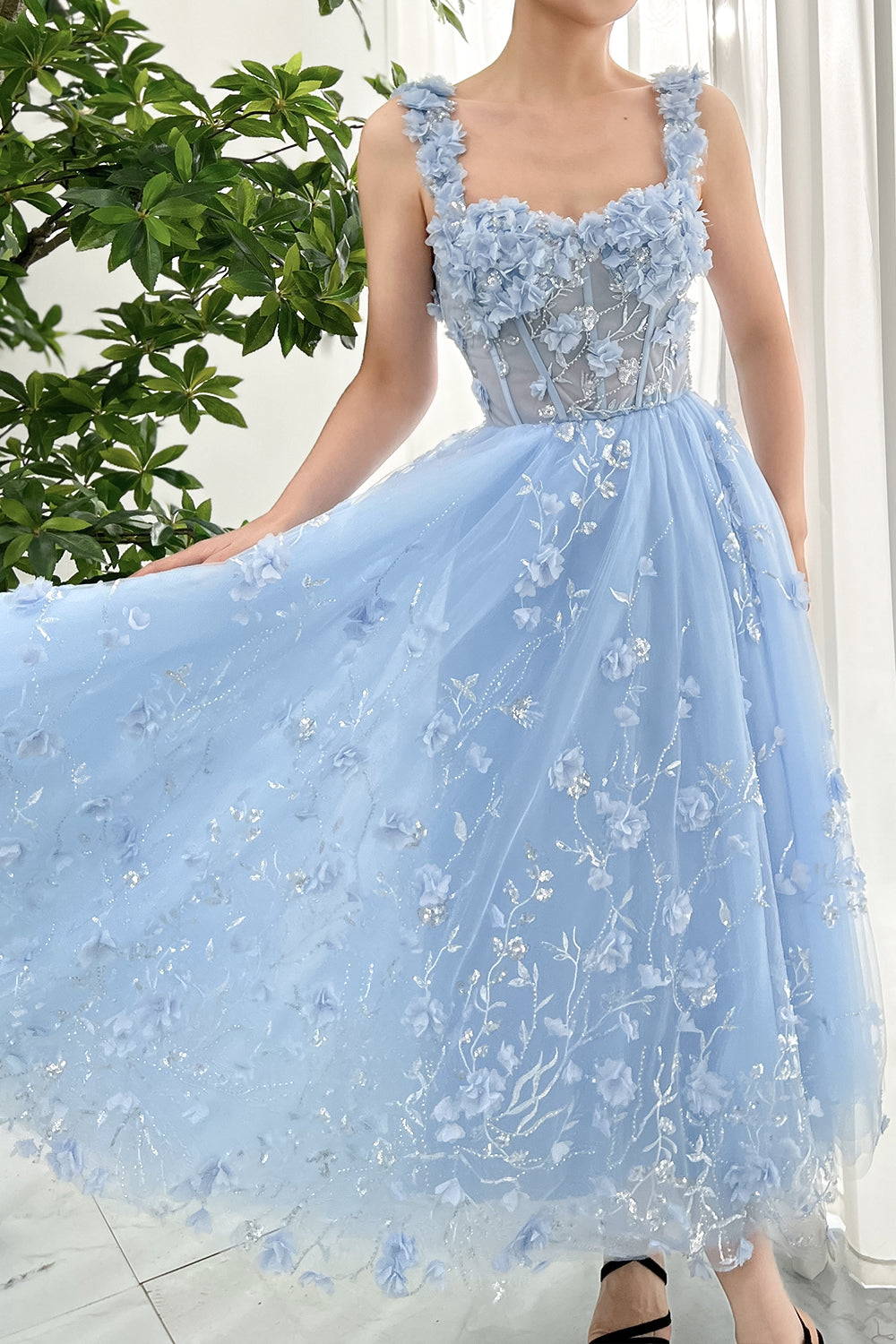 MissJophiel Corset 3D Floral Sky Blue Midi Dress Ivory / Tea Length / Custom Size/ Plus Size MissJophiel Corset 3D Floral Sky Blue Midi Dress Ivory / Tea Length / Custom Size/ Plus Size