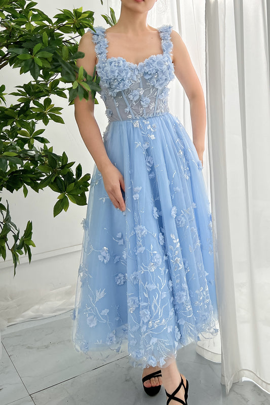 Corset 3D Floral Sky Blue Midi Dress