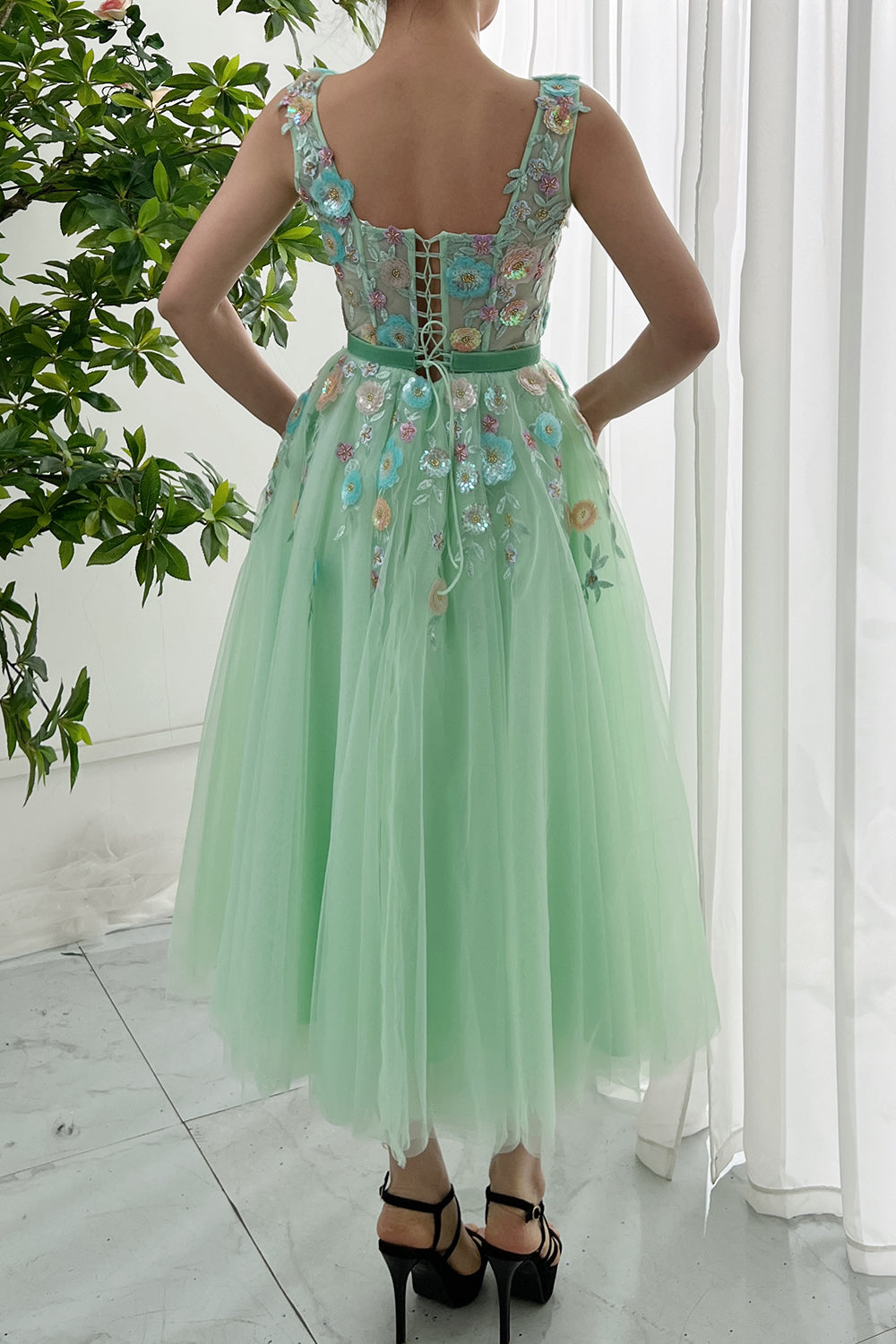 Straps with 3D Sequin Flowers Mint Tulle Midi Dress